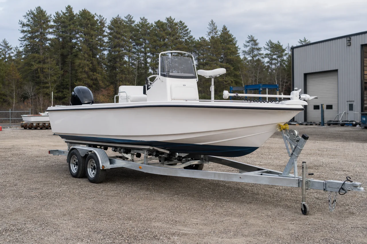 Fishing boat secured on a tandem-axle boat trailer