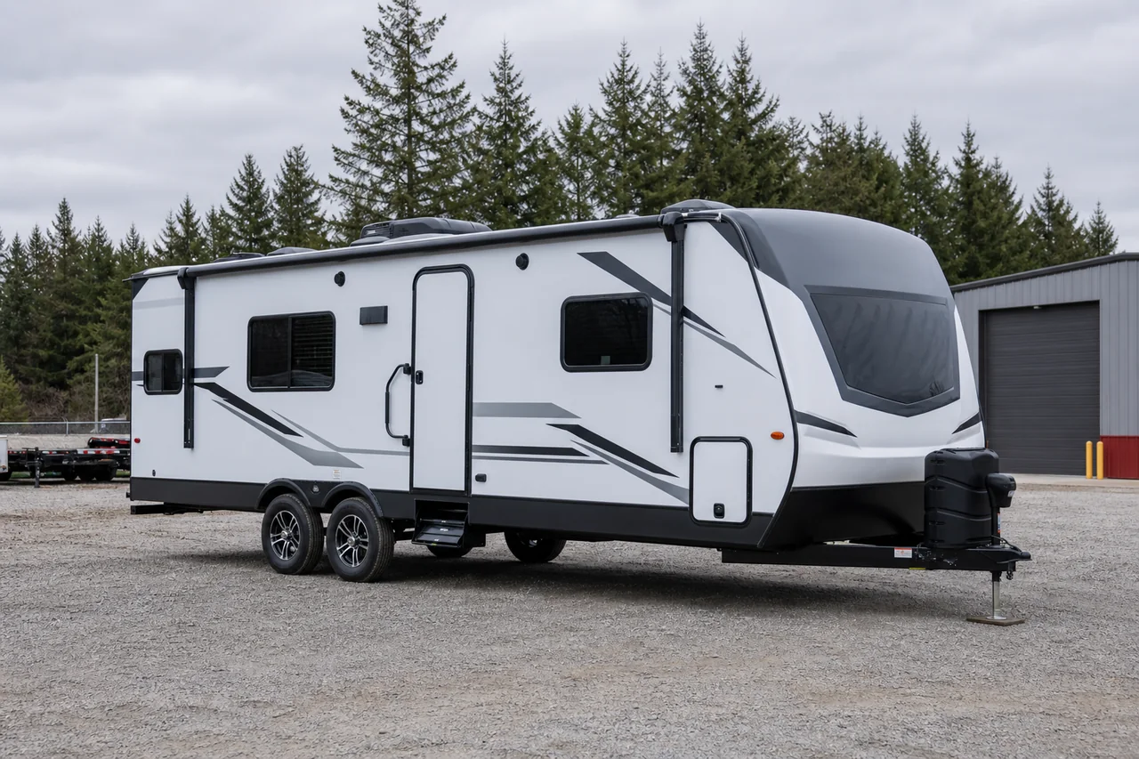 Modern white travel camper trailer