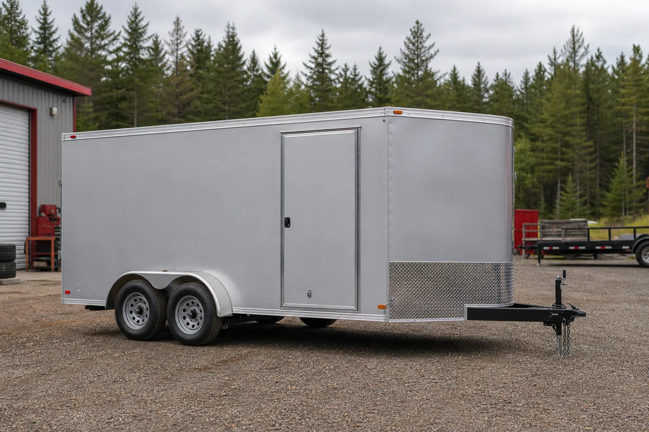 Silver tandem-axle enclosed cargo trailer