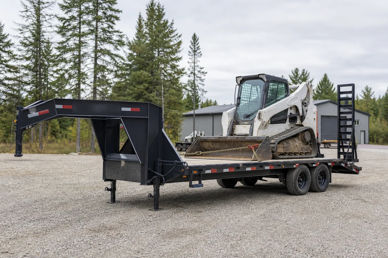 Gooseneck equipment trailer carrying a compact skid steer
